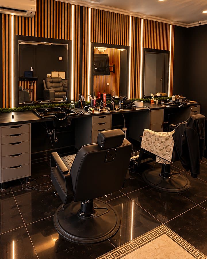 Scaunele de frizerie și oglinzile luminate de la Offline Barbershop